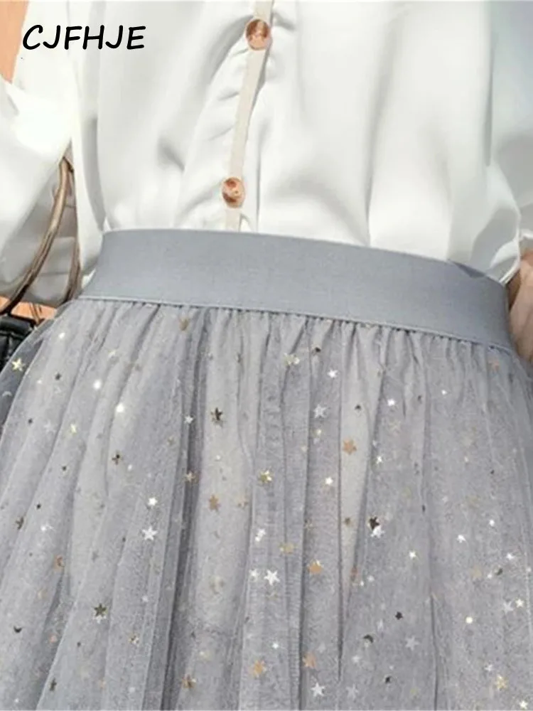 Fashion Shiny Stars Sequins Irregular Tulle Skirts Women Spring Chic Fairy Sweet Cake Mesh Skirt Female Elegant Lady Faldas