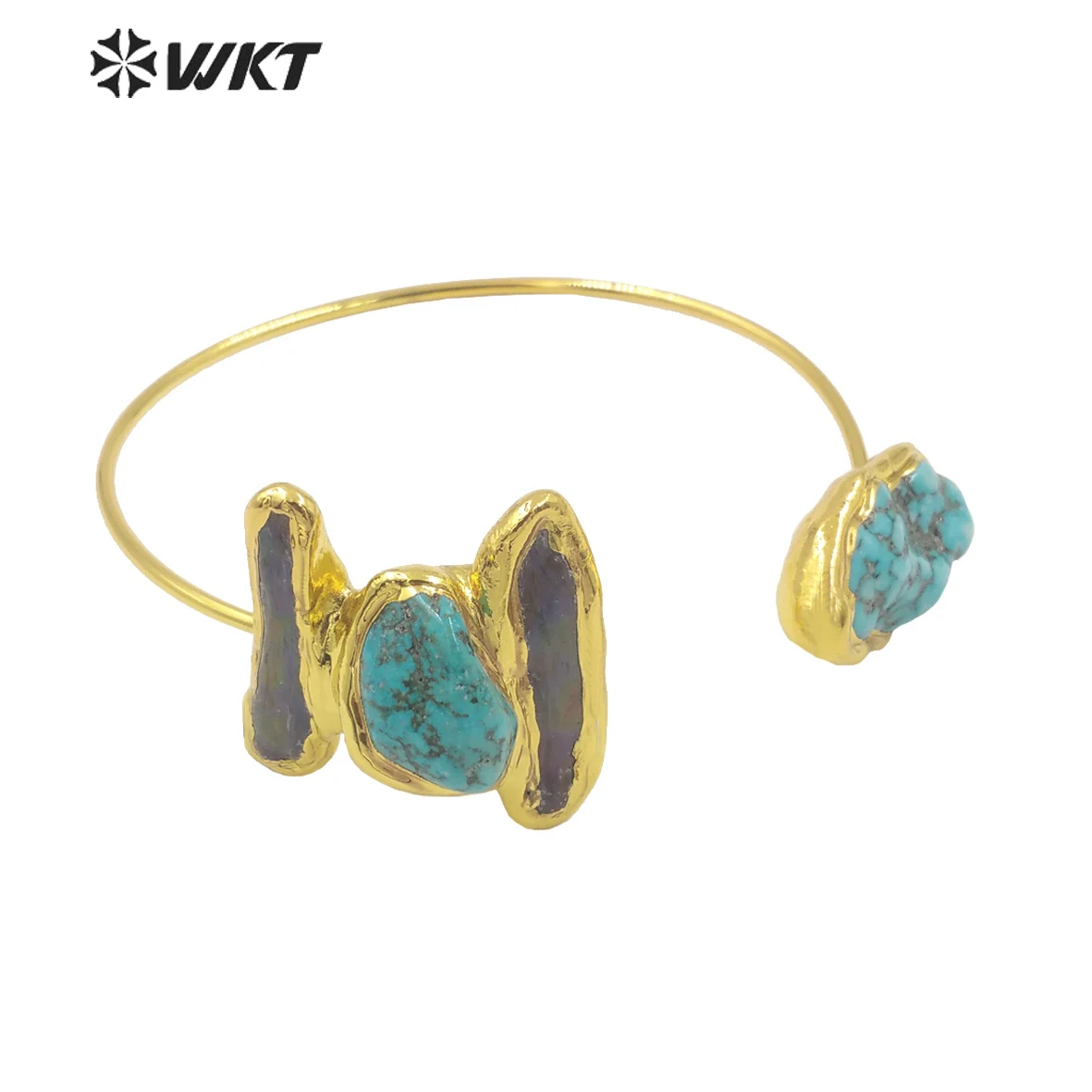 WT-B655 Wholesale Fashion 18K Real Gold Plated Made With Black Pearl And Turquoise Stone Bangle In Adjustable Boho Style