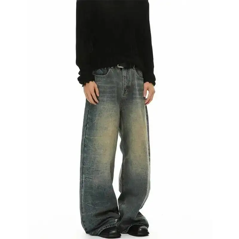 Men's Yellow Mud Washed Distressed Jeans Loose Straight Drapey Casual Denim Long Pants Vintage Trendy Loose Trousers N6GO