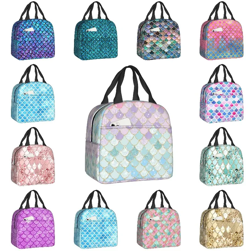 

Hot Sale Mermaid Scale Print Insulated Lunch Bag For Women Portable Cooler Thermal Lunch Box Office Picnic Travel Food Bags