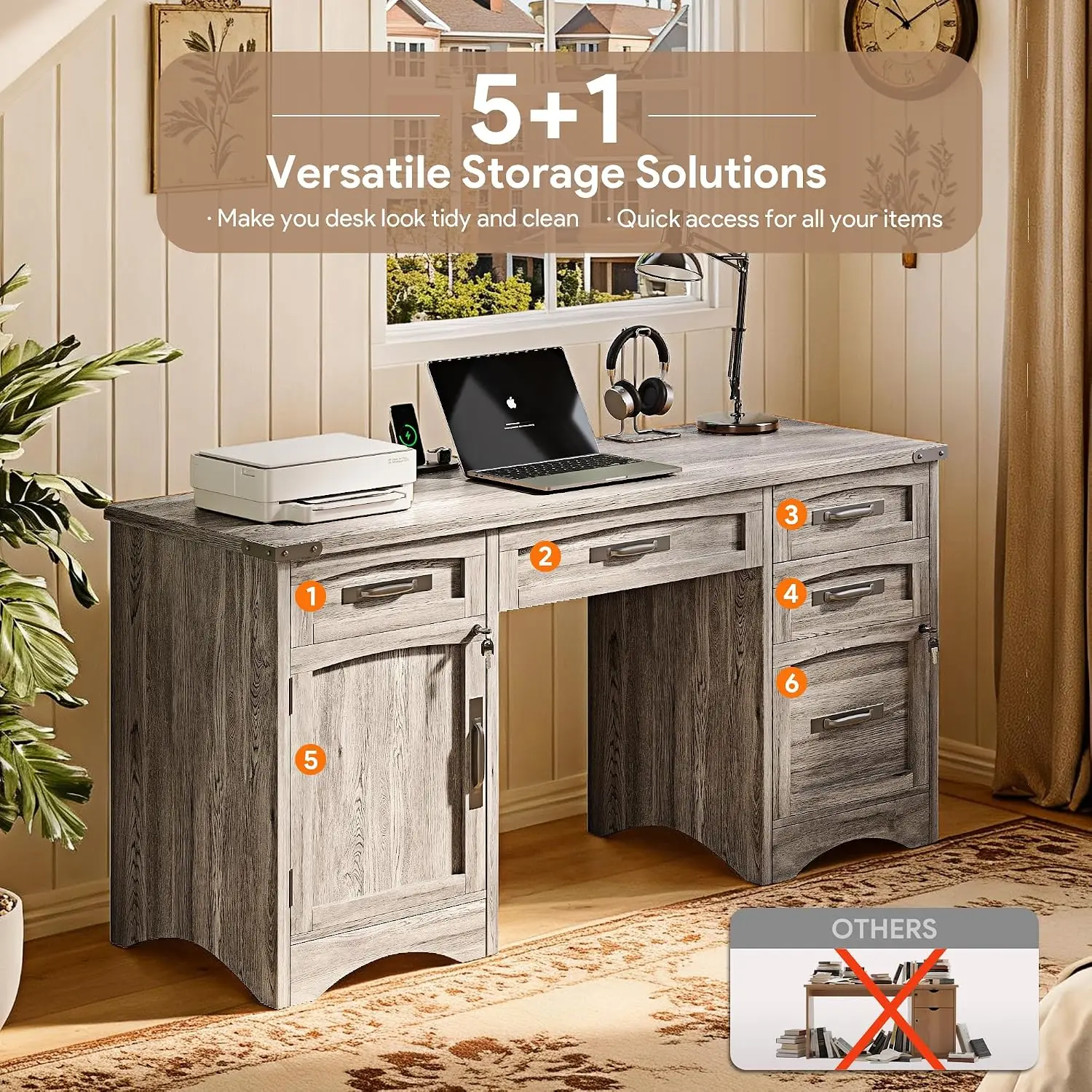 Farmhouse Desk with Drawers & Charging Station, 55