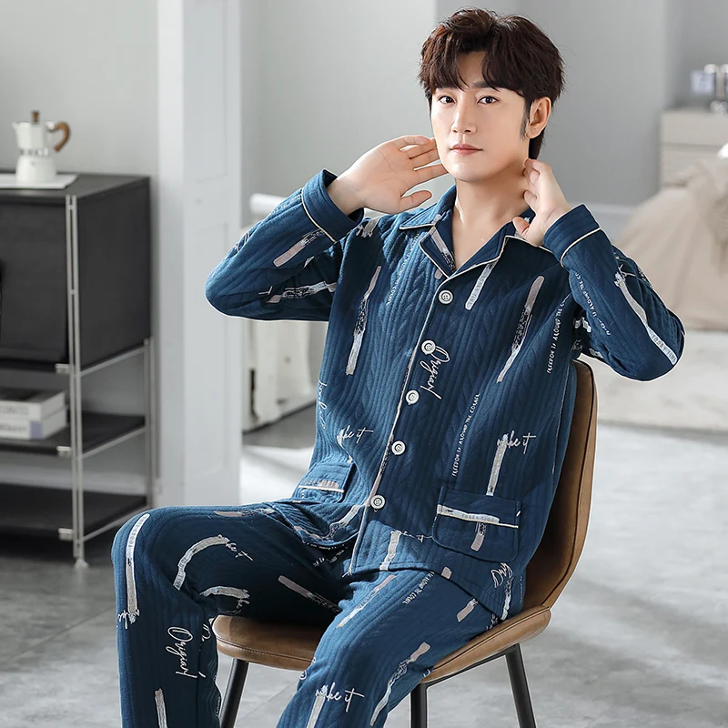 

Men's autumn and winter pajamas three layer thin cotton cardigan lapel style men's pajamas winter home clothing