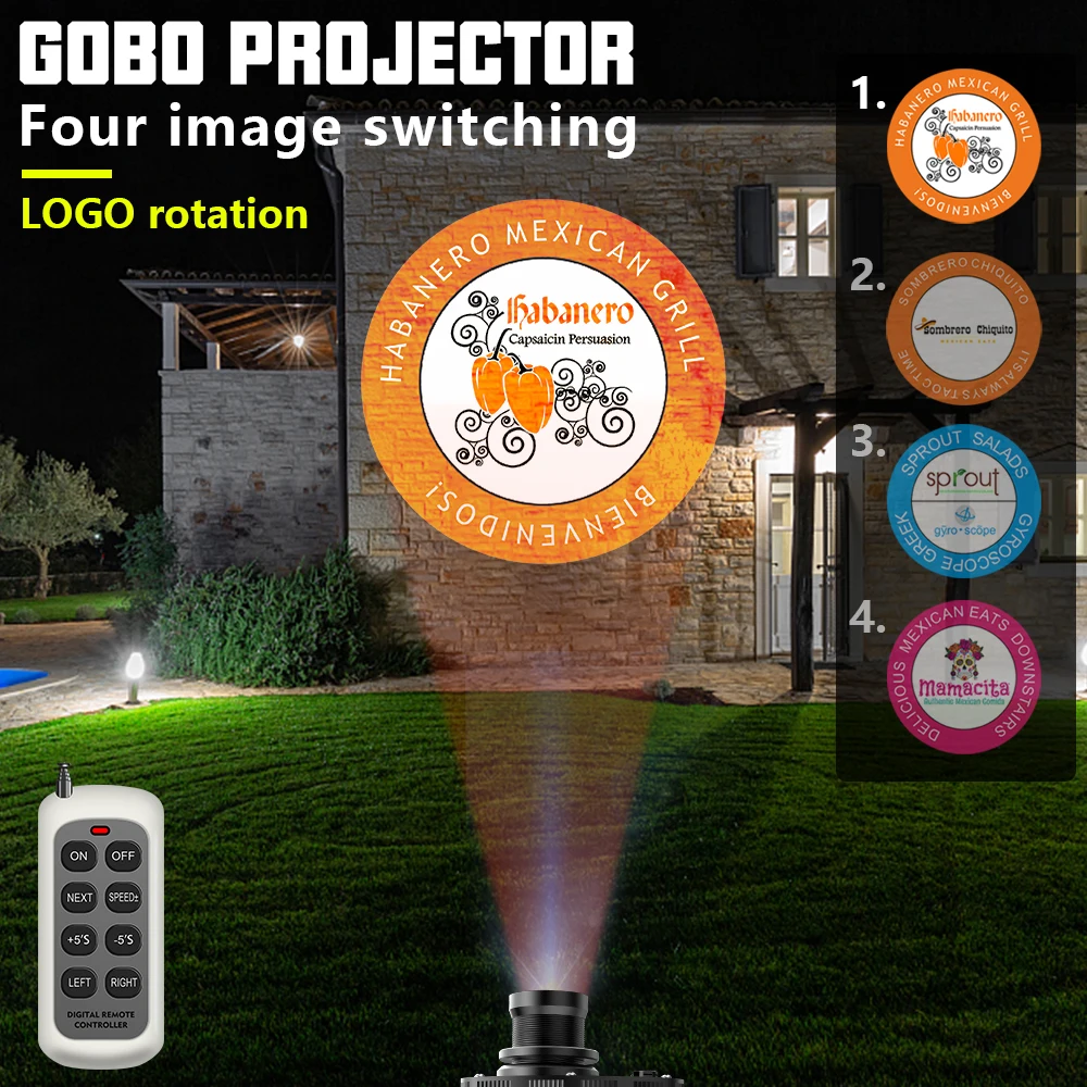 

Custom HD Four Image Indoor Door Head Outdoor ip67 Waterproof Rotating Advertising Projection Lamp Gobo Logo Projector