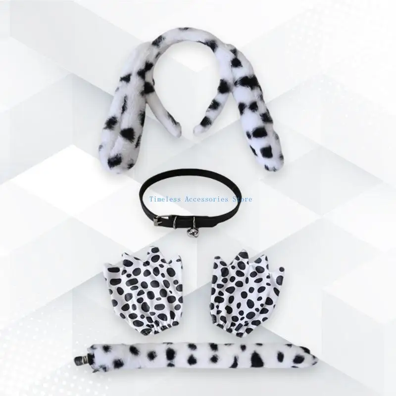 97QE Dalmatian Puppy Costume for Kids Halloween Animal Cosplay Accessories Ears Headband Tail Gloves Bells Choker Necklace