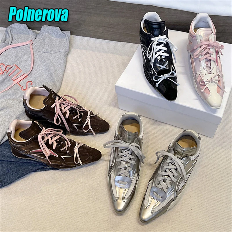 

Fashion Mixed Color Women's Casual Sports Shoes Sweet Pointed Toe Lace Up Thick Soled Sneakers Spring Versatile Training Shoes