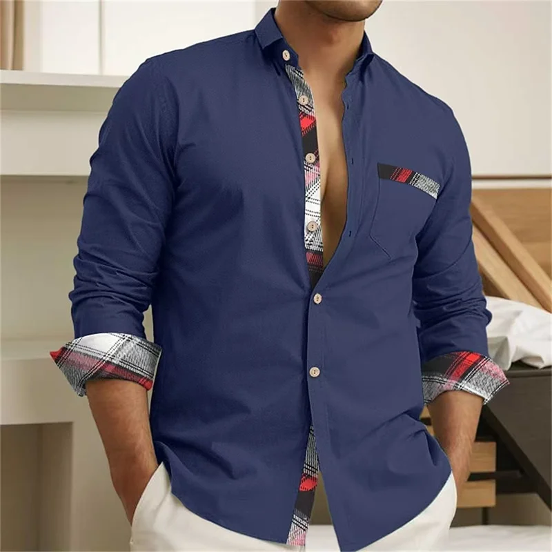 2024 Business Casual Herren Button Down Shirt neue einfarbige Langarm Revers tägliche Urlaub Tasche Komfort Tops plus Größe