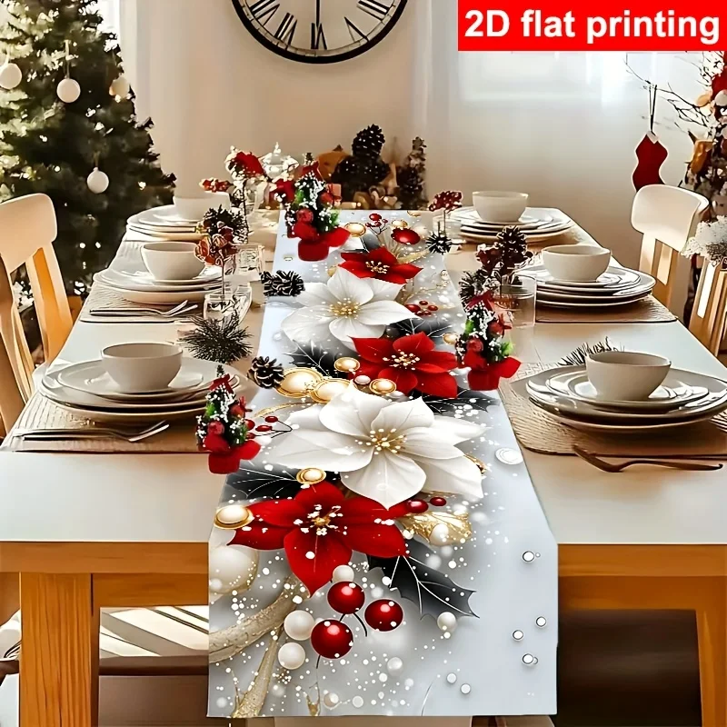 1PC 2D Flat Christmas Table Runner Red Green Holiday Decoration for Festive Parties Family Dinners Kitchen Dining Table Cover