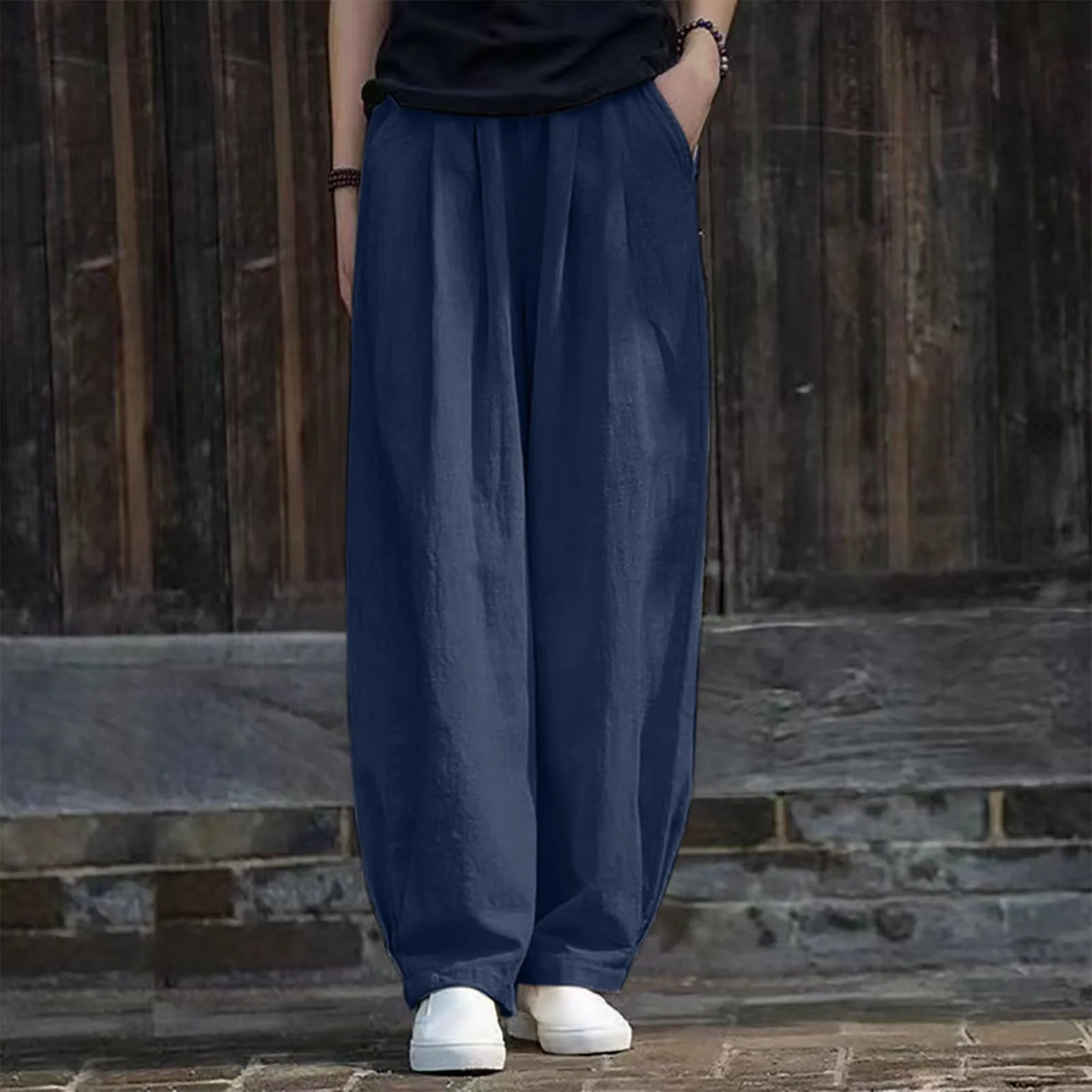 

2024 New Retro Summer Cotton And Hemp Solid Women'S Pocket Elastic High Waist Fashion Elegant Loose Long Feet Wide Leg Pants