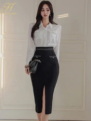 H Han Queen 2024 Spring Skirt Set Women's Elegant Korean Long Sleeve Shirts + Pencil Skirt Casual Party Two Piece Set For Women