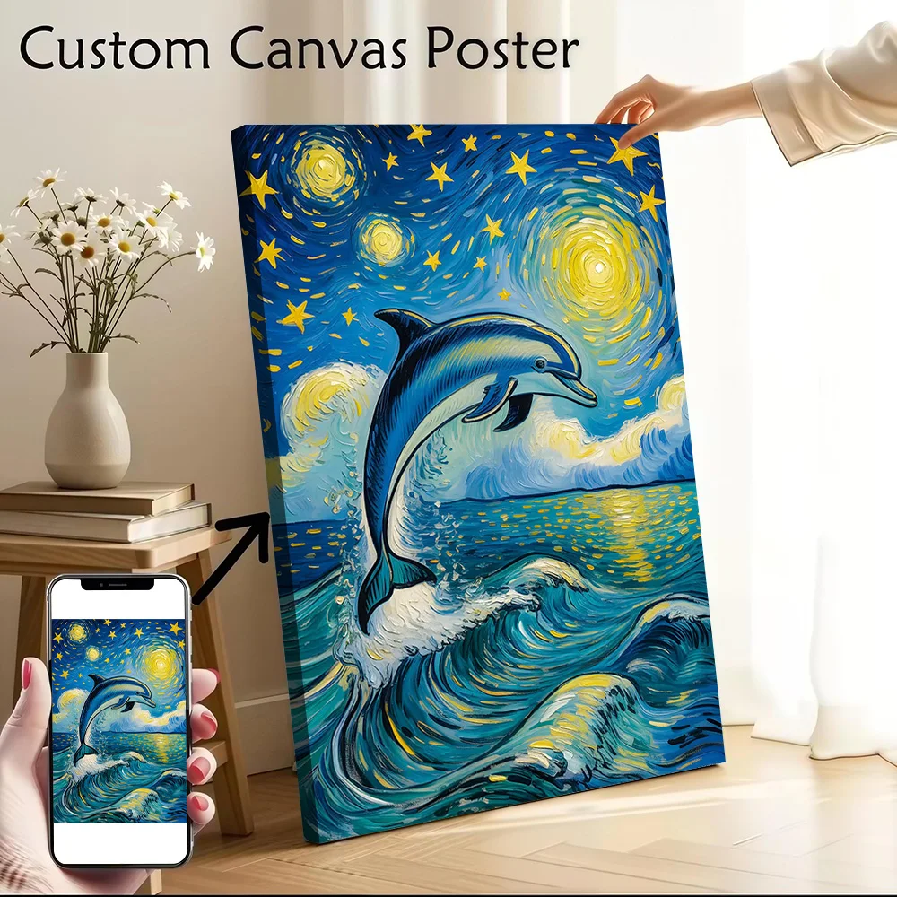 Cosmic Waves A Dolphin’s Dance in the Night Sea Canvas Wall Art Poster Personalized Photo Printing Perfect Gift for Bedroom Arts