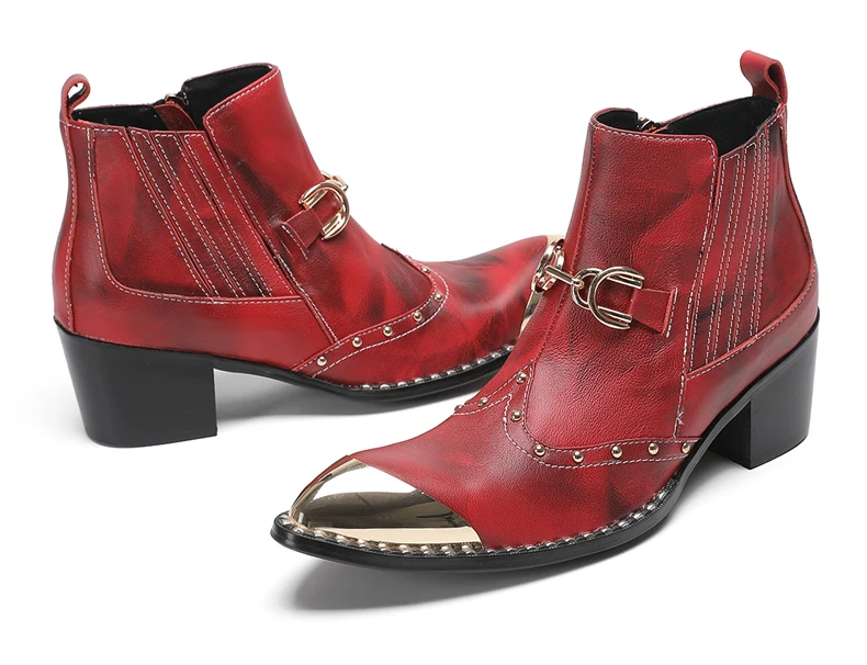 Designer Metall Karree Cowboy Motorrad Kurze Stiefel Männlich Große Größe Nieten Echtes Leder Stiefeletten Business Formale Schuhe – Detail 14