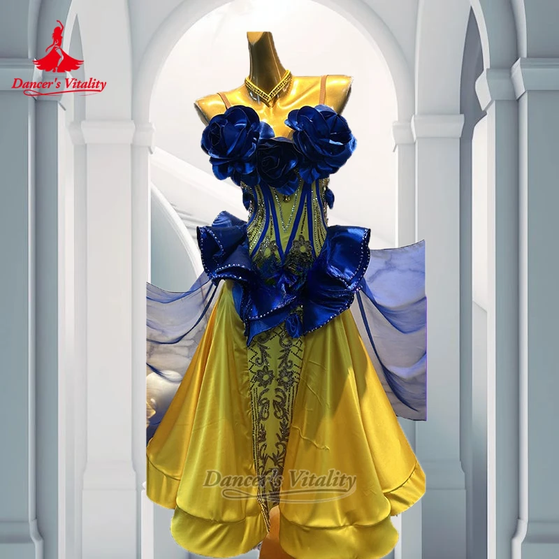 2 Color Matching Social Dance Big Swing Dress with Necklace Adult Women Waltz Tango Perform Clothes Customized Dancer's Vitality