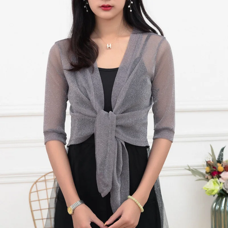 Women's Sparkling Lace-Up Cardigan Summer Sheer Cover Up Lightweight Loose Blouse Half Sleeve Beachwear Casual Glitter Jacket