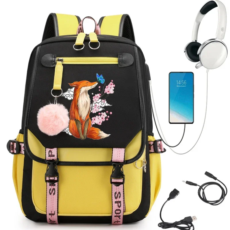 Fox Anime Mochila para Meninas, Bolsa de escola, Bagpack para Adolescente, Porta USB, Mochilas de Viagem para Laptop