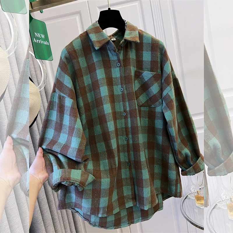 

Новинка 2025, осенне-зимние свободные женские рубашки, дизайнерская женская блузка в ленивом стиле с принтом, клетчатые женские топы, одежда с длинными рукавами KE9789