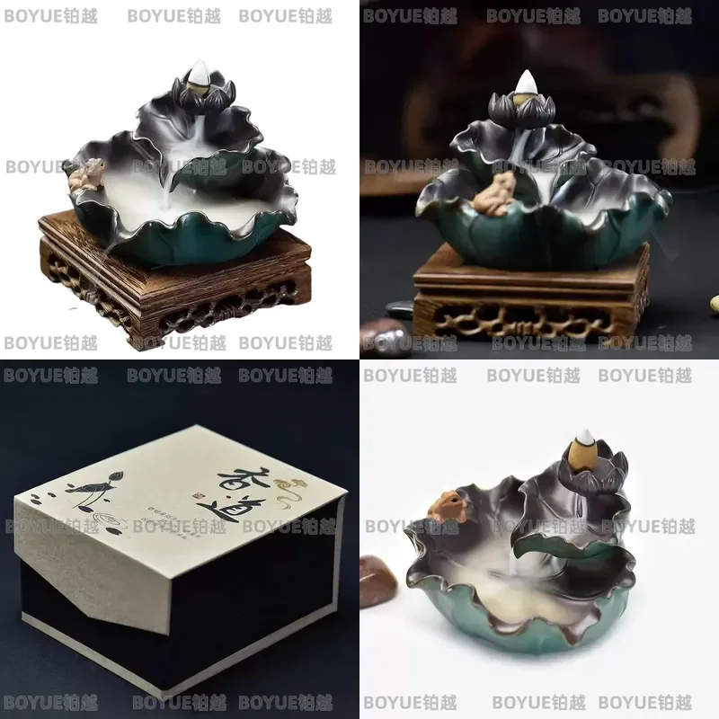 Antique Ceramic Backflow Incense Burner Lotus Pond Design Home Decor Tea Ceremony Ornament Indoor Aromatherapy Holder Art
