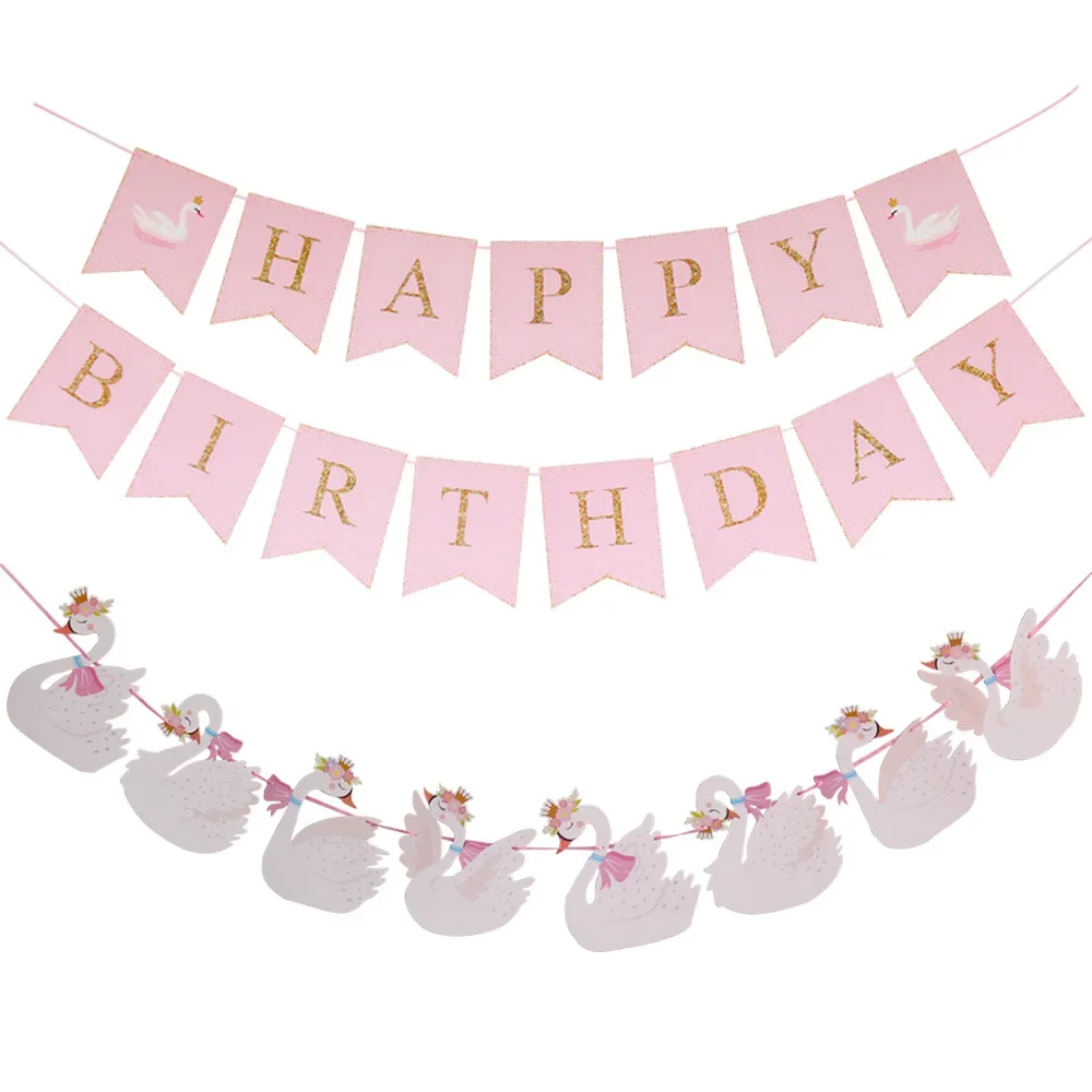 

White Pink Happy Birthday Banner Decorations Baby Shower Paperboard Swan Princess Birthday Party Bunting Hanging Wall Decor