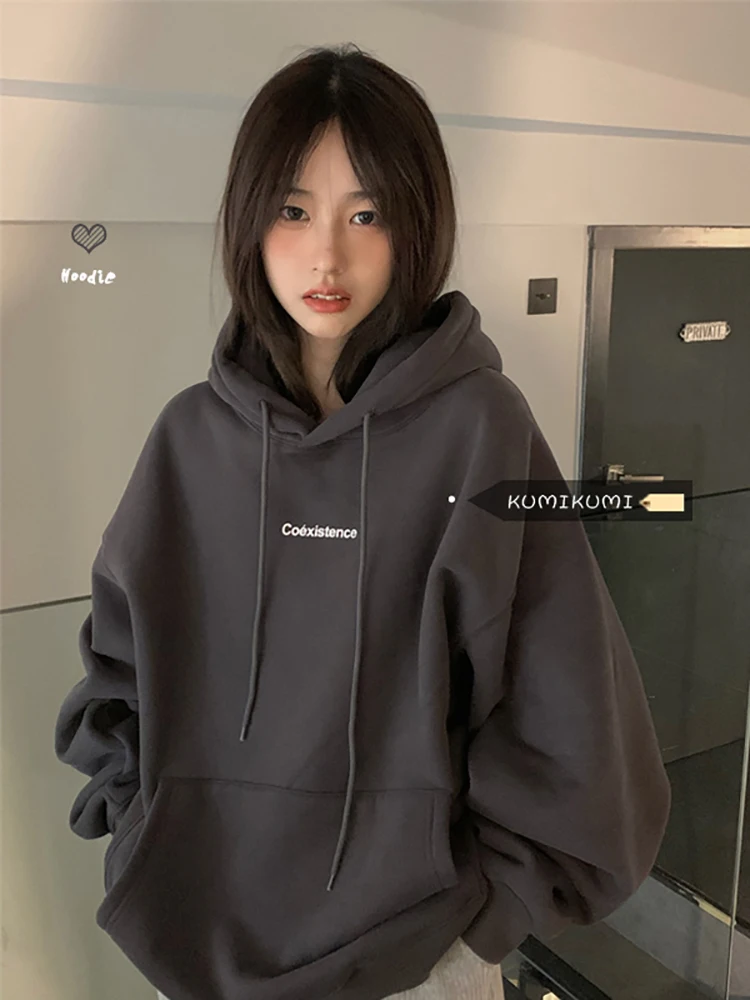 Fashion Dark Grey Hoodie Fleece Thicken Sweatshirt Long Sleeve Korean Letter Printing Baggy Female Tops Pullover Hoodie Autumn