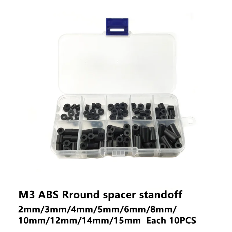 

M3 Black White Round Nylon Spacer Motherboard PCB ABS Plastic Standoff Non-Threaded Screw Nut Set Assortment Kit Box