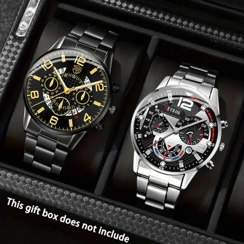 

2 шт. модные мужские часы, роскошные кварцевые наручные часы из нержавеющей стали с календарем, мужские деловые повседневные часы Reloj Hombre