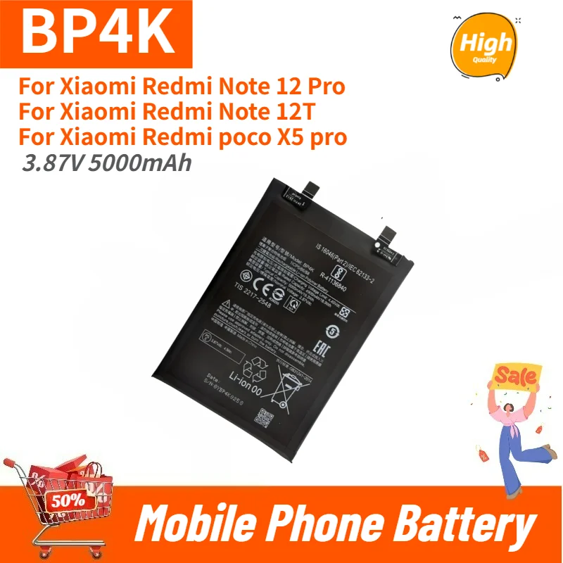 High Capacity Phone Battery 3.87V 5000mAh BP4K For Xiaomi Redmi Note 12 Pro Note 12T poco X5 pro Replacement Battery Brand New