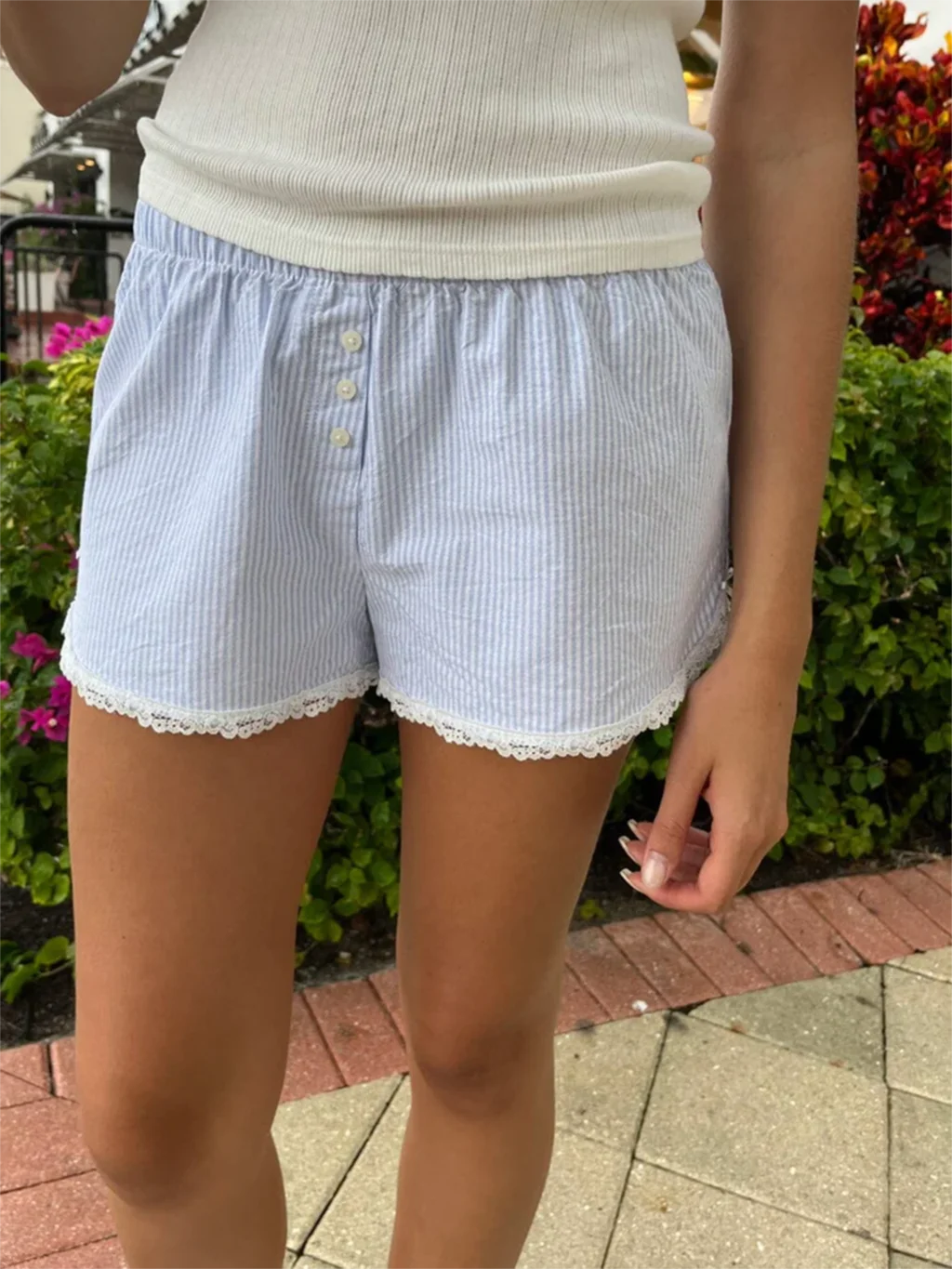 

Blue Stripes Cute Shorts Woman Summer Lace Trim Buttons Elastic High Waist Straight Short Pants Casual Sweet Y2k Girl Underwear