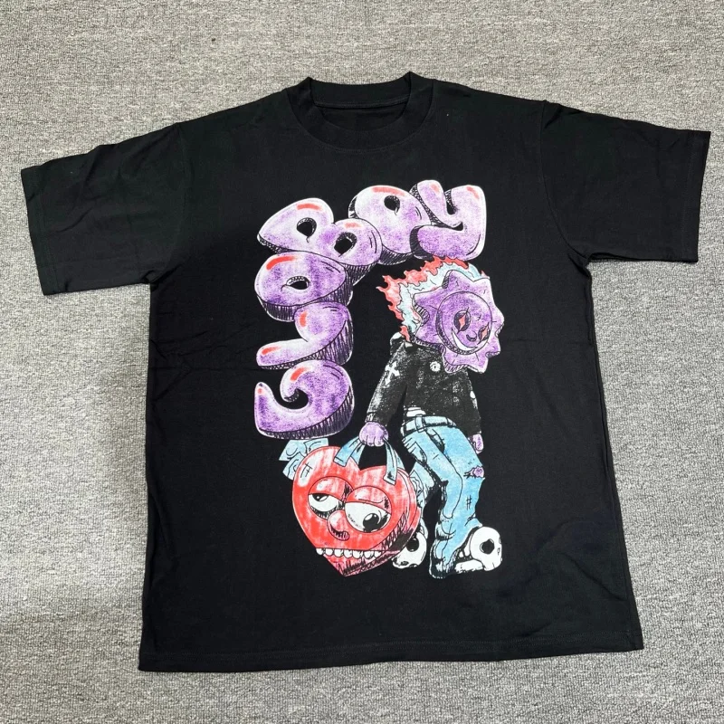 Men Cartoon Sun Boy T-Shirt Purple Graffiti Heart Print Y2K Oversized Tee