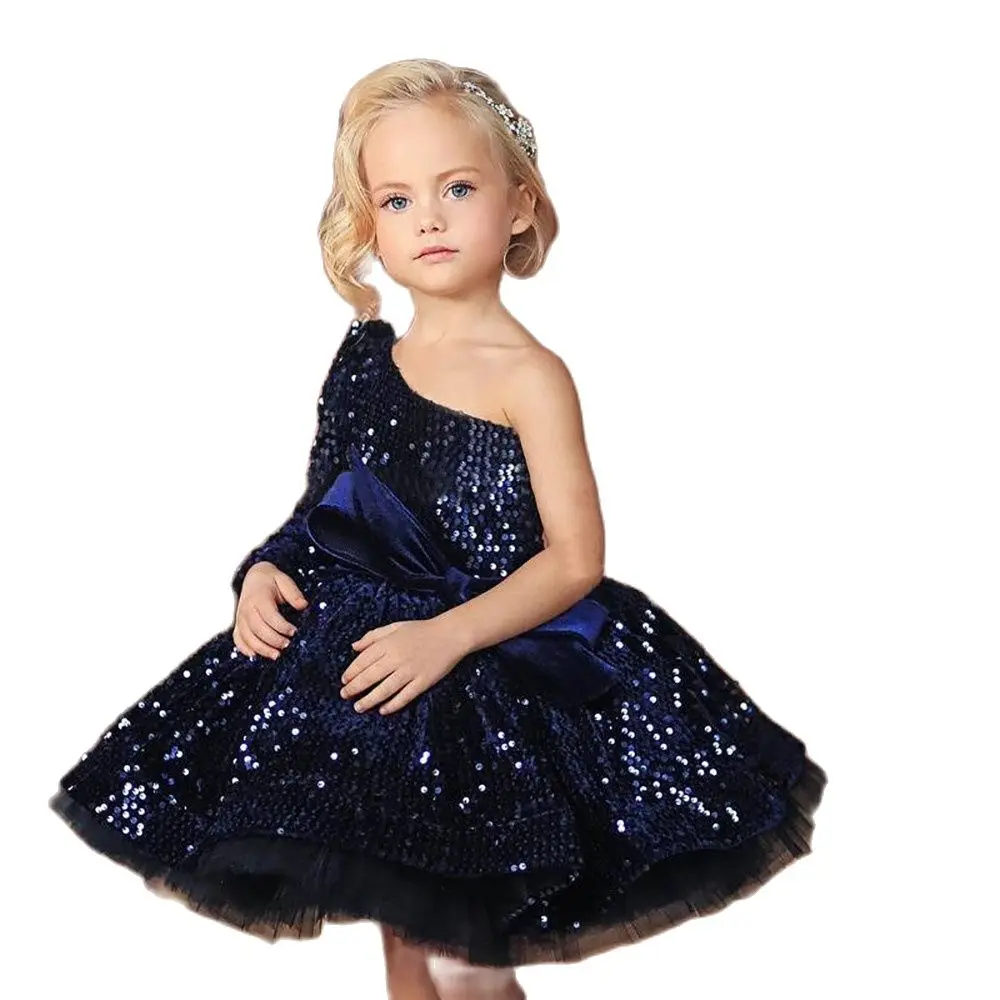 Kurze Mode Royal Blau Kinder Mädchen Elegante Blume Mädchen Kleid Prinzessin Partei Pageant Formal SequinsTulle 2-14 Y