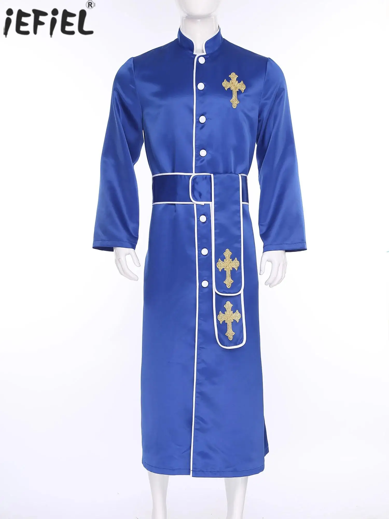 

Men's Worship Jesus Christianity Priest Cosplay Robe Dress Cross Embroidery Cassock Outfits for Halloween Party Pastor Costumes
