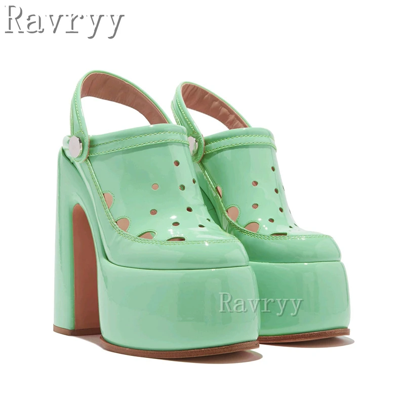 

Candy Color Waterproof Platform Sandals 2023 Summer New Patent Leather Thick Heel Back Strap Women's Holes Shoes