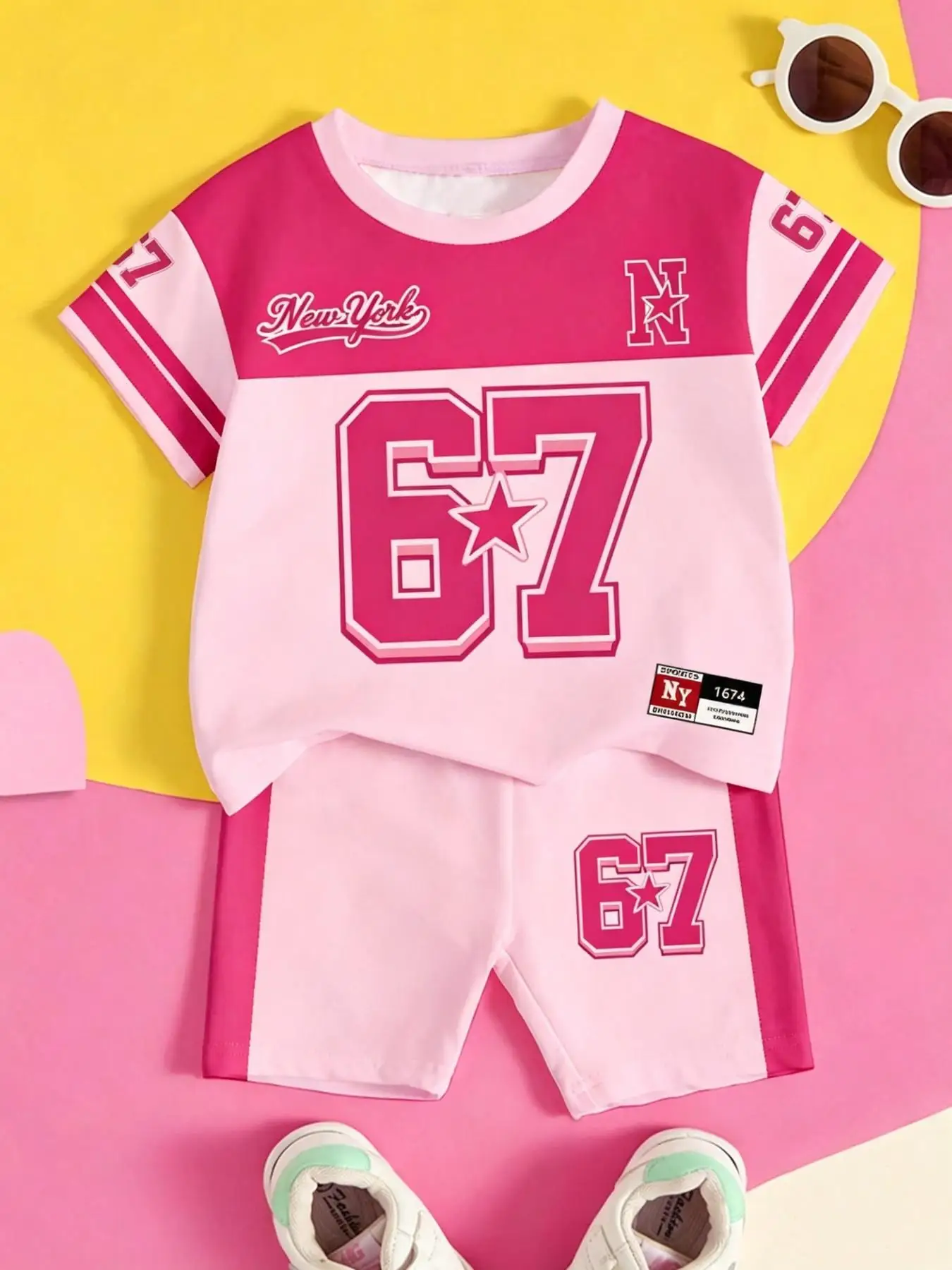 Sommer-Freizeitoutfit für Mädchen: Rosa, normales Kurzarm-Oberteil + enge Shorts, zweiteiliges Set, rosa Set mit Nummer 67-Aufdruck für Kinder, geeignet für 4-12-jährige Kinder, vielseitige Kleidung für Zuhause und Ausflüge – Detail 2