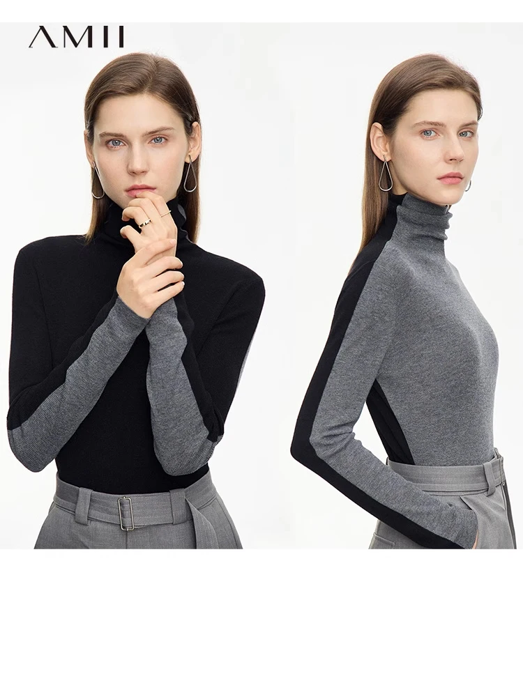 AMII Minimalism Patchwork Women Sweater 2024 Spring Slim Turtleneck Long Sleeve Two Side Wear Wool Sweaters Knitted Top 12363001