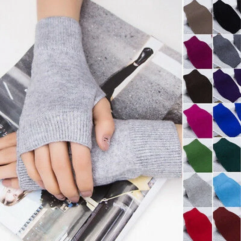 Winter Women Half Finger Gloves Stretchy Hand Wrist Arm Warmer Mittens Solid Color Wool Knitting Crochet