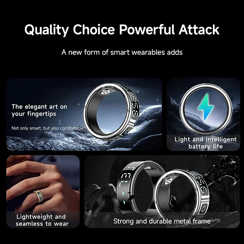 SR08 Smart Ring Multi Sports Modes Heart Rate Blood Oxygen Monitoring 5ATM Waterproof LED Display Screen Gesture Swipe Ring