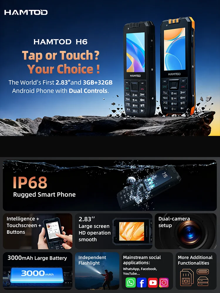 HAMTOD H6 IP68 Rugged Smart Phone 2.83’’ Screen 3GB+32GB 3000mAh Dual-camera setup Android 11 Support VoLTE Cellphone 4G