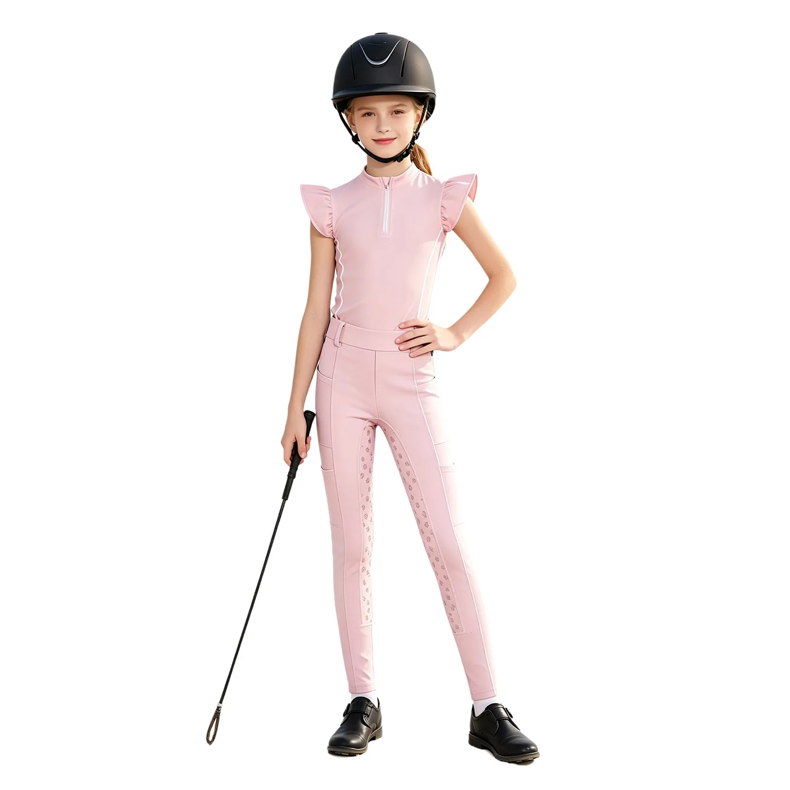Kid Girls Horse Riding Outfit Ruffled Sleeves Shirt top with Anti-slip Full Seat Equestrian Breeches Pants for Golf Horsemanship