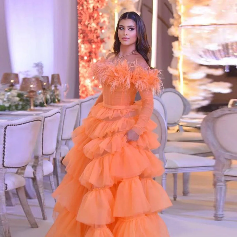 Orange Layered Tulle Long Evening Dresses See Thru Full Sleeves Feather A-line Tutu Tulle Formal Party Dress Middle East Gowns