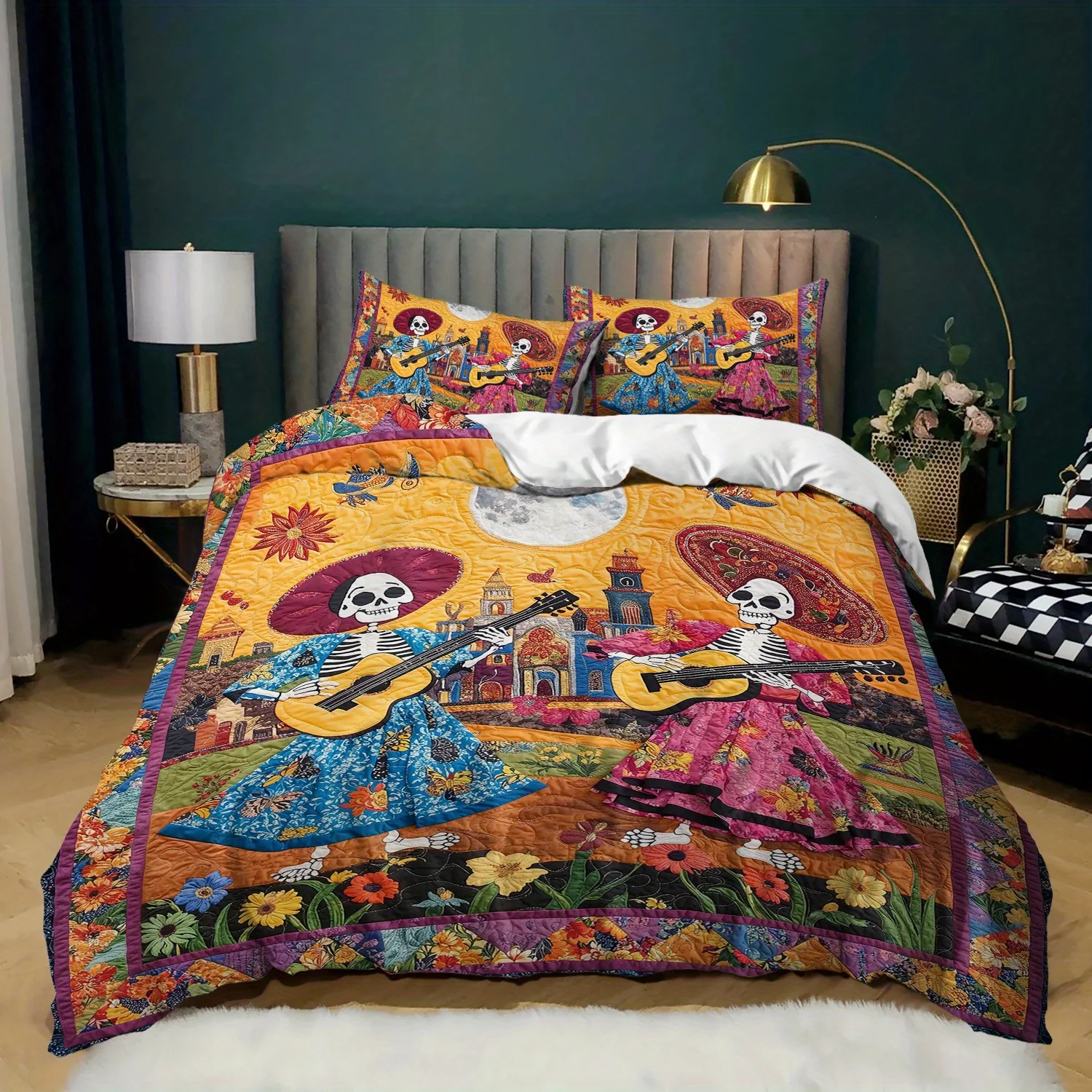 

3pcs Boho Mexican Skeleton Bedding Duvet Cover Set Dia De Los Muertos Bedding Quilt Set Day of the Dead Themed Bed Set Fiesta