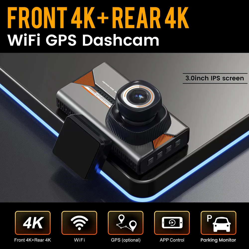 3Inch 4K +4K Dash Cam Dual Lens Ultra HD Real Car DVR Camera WIFI GPS APP Rear View Night Vision WDR Video Recorder 24H Parking