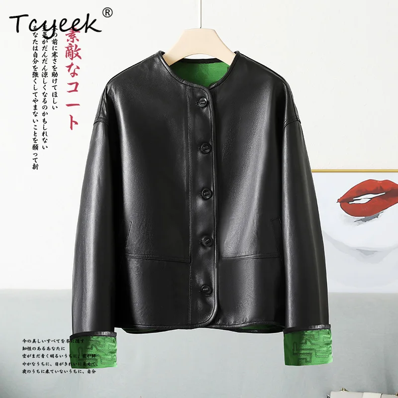 Tcyeek トップレイヤーシープスキン春秋の新中国服両面ラウンドネック女性のレザージャケット Женская Кожаная Куртка