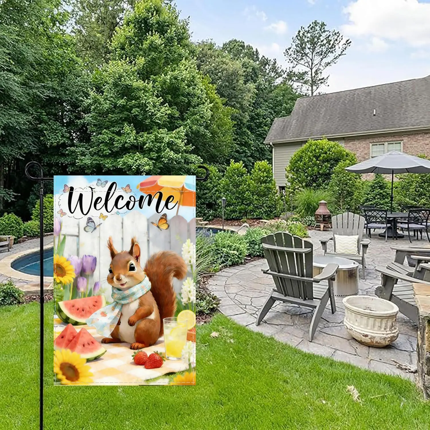 Welcome Garden Flag with Squirrel, Double Sided Burlap, Summer Outdoor Decor, 12 x 18 Inches, Multicolor AAS