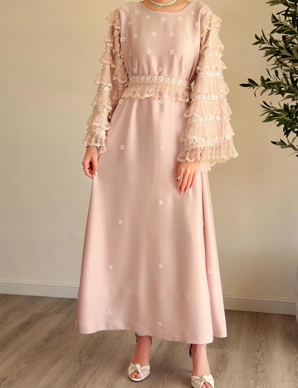 Customized Sizes Available Charmeuse Pleat Sequined A-line O-Neck Midi Bespoke Occasion Evening Dresses Elegant