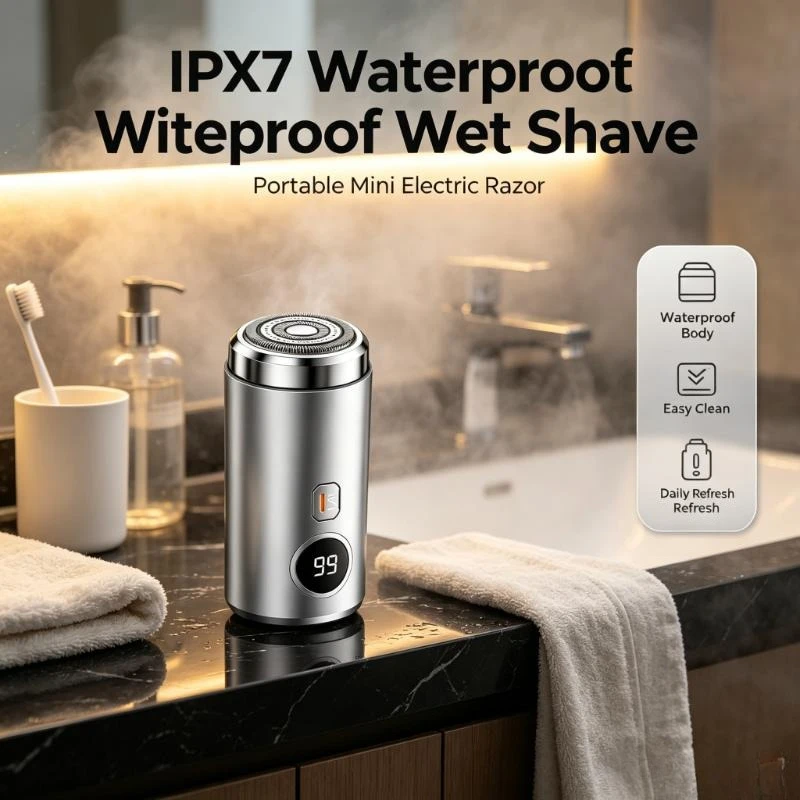 IPX7 Waterproof Small Electric Shaver for Men Portable Car Travel Razor with USB Fast Charging Ultra-Quiet Grooming Accessory