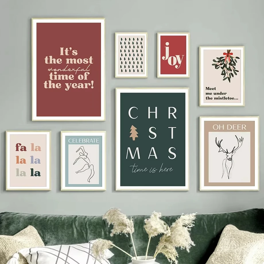 Celebrate Merry Christmas Tree Deer Holly Mistletoe Joy Wonderful Time Posters Prints Canvas Painting Wall Art Living Room Decor