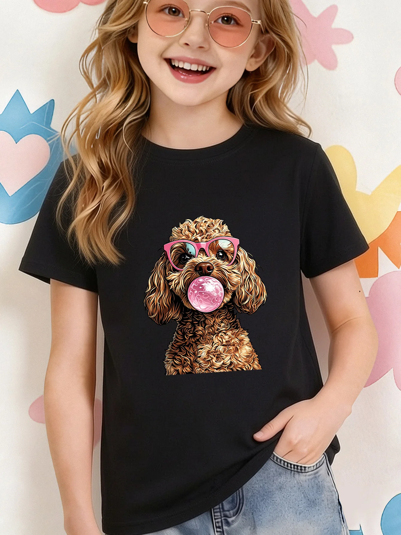 Cute Poodle Dog Blowing Bubble Gum Kids T Shirt Boy Girl Short Sleeve Crew Neck Cotton Parent Matching Casual Tops Toddler Youth