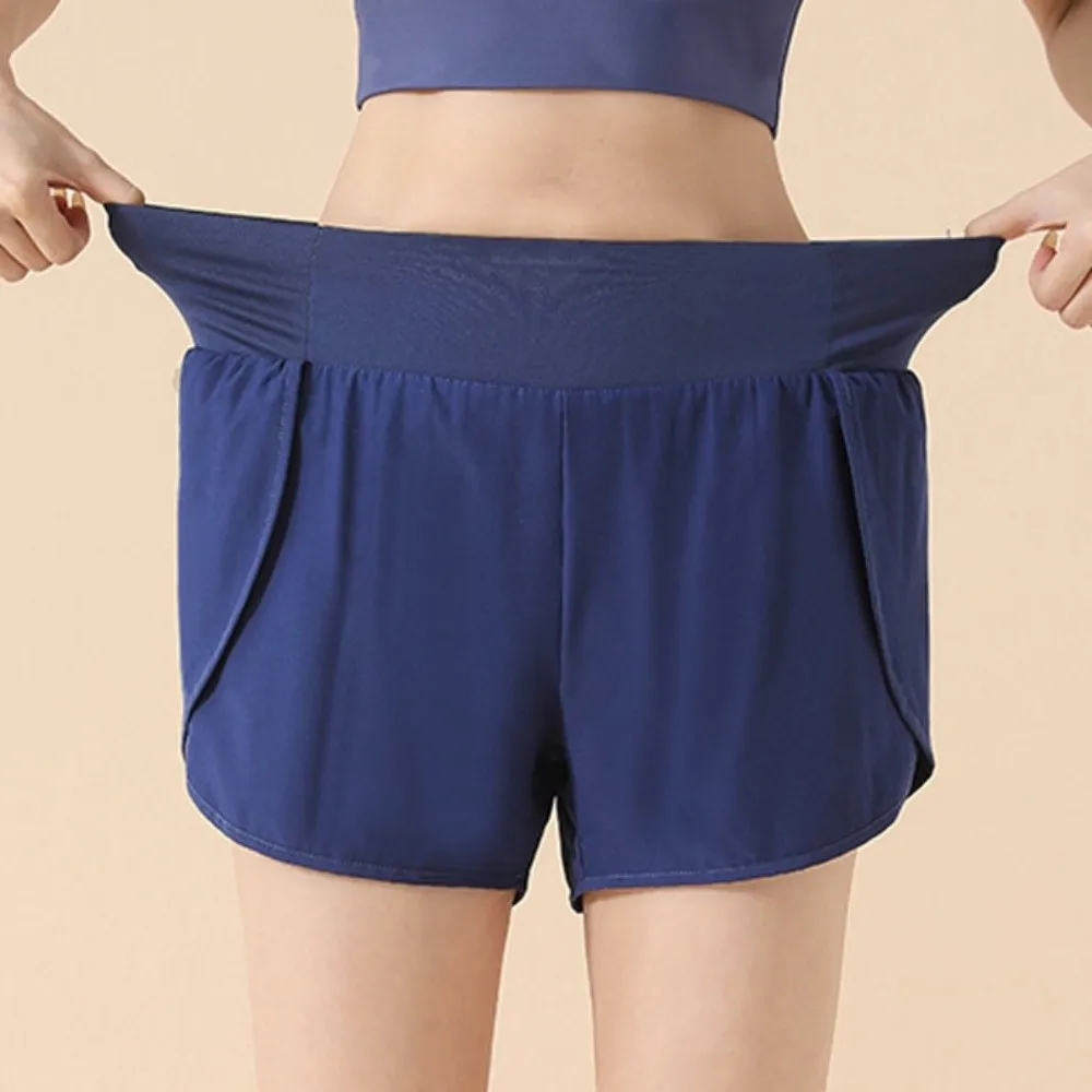 Anti-glare Lining 2 in 1 Yoga Shorts Loose Fitting Side Pockets Sports Shorts Hem Elastic Quick Dry Fitness Shorts Gym