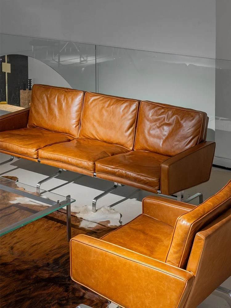 Leather sofa, light luxury style living room villa, large flat floor, first layer cowhide sofa