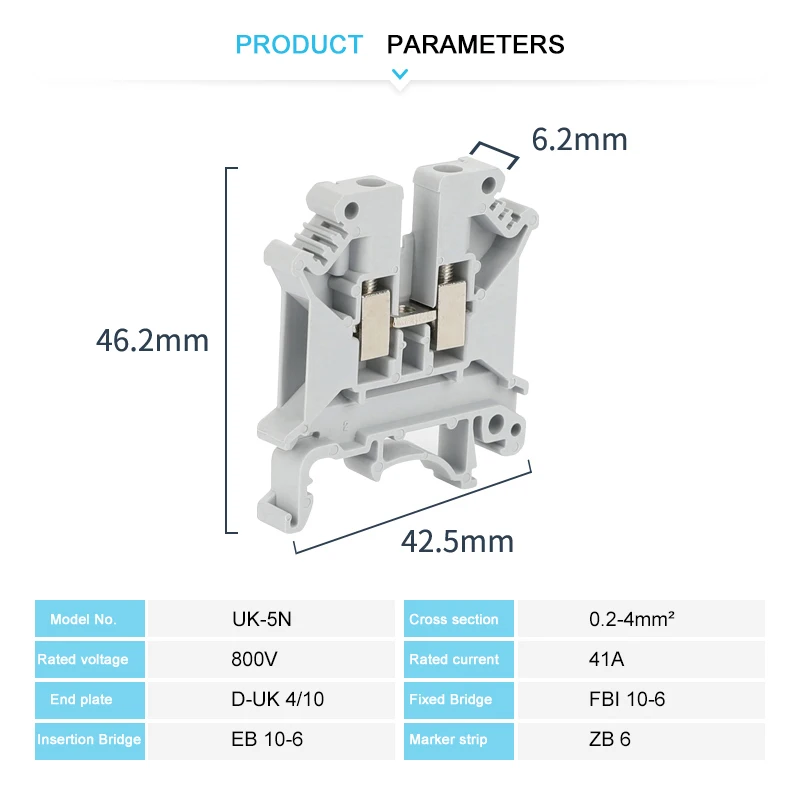 10 stuks UK5N Schroefdraadconnector 4 mm kabel 4 mm2 doorvoerverbinding 12AWG-stekker Elektrische montage DIN-railklemmenblok UK 5N