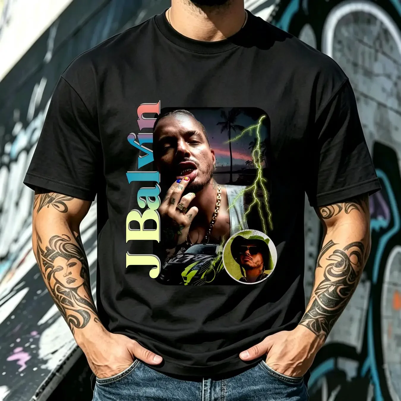 washed T Shirt J Balvin S XL long sleeves vintage Washed homme Versatile Stylish Casual Slightly Unisex Breathable streetwear