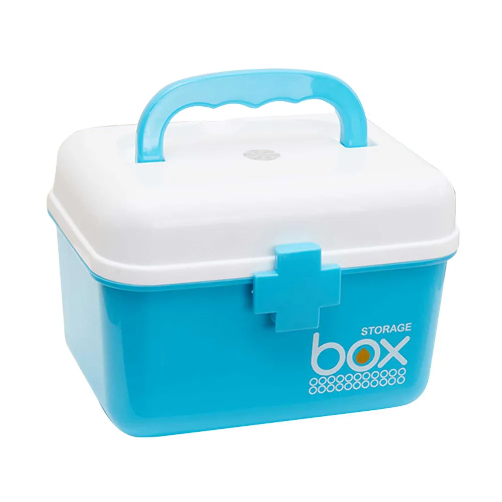First Aid Kit Box Small Lake Blue Pill Storage Organizer Large Capacity Multi-Grid Removable Tray Handle Medicine Storage